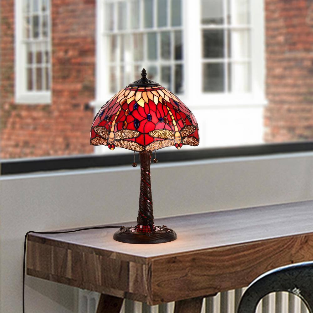 22" Red and Bronze Stained Glass Dragonfly Table Lamp