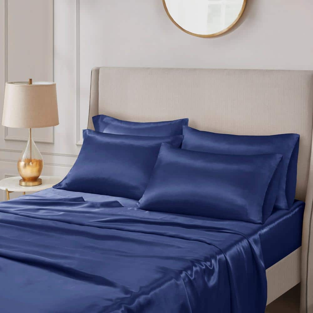 Madison Park Satin 6 Piece Navy Solid Polyester Queen Luxury Sheet Set   Madison Park Sheet Sets Mpe20 912 64 1000 