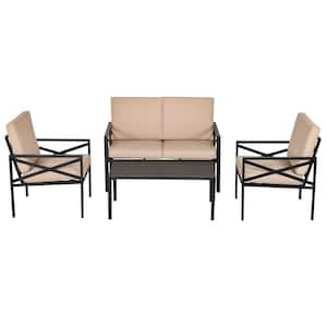 4-Piece Metal Outdoor Patio Conversation Set with Beige Cushions