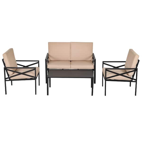 Outsunny 4-Piece Metal Outdoor Patio Conversation Set with Beige Cushions