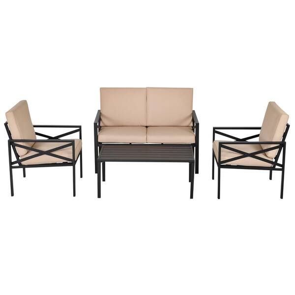 Outsunny 4-Piece Metal Outdoor Patio Conversation Set with Beige Cushions