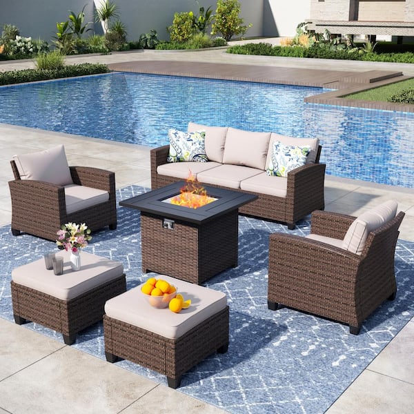 PHI VILLA Brown Rattan Wicker 6-Piece Steel Outdoor Patio Conversation Set with Beige Cushions, Square Fire Pit Table