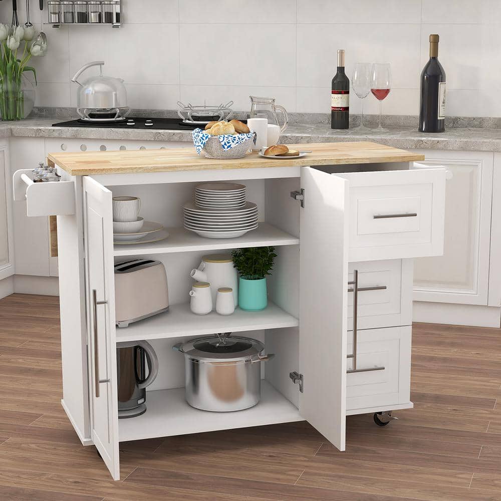 White MDF Kitchen Cart with Drop Leaf and Towel Rack