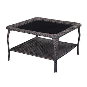 Brown Square Wicker Outdoor Glass Large Side Table