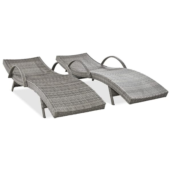Unbranded 2-Piece Grey Wicker Outdoor Chaise Lounges with Pull-out Side Table and Adjustable Backrest