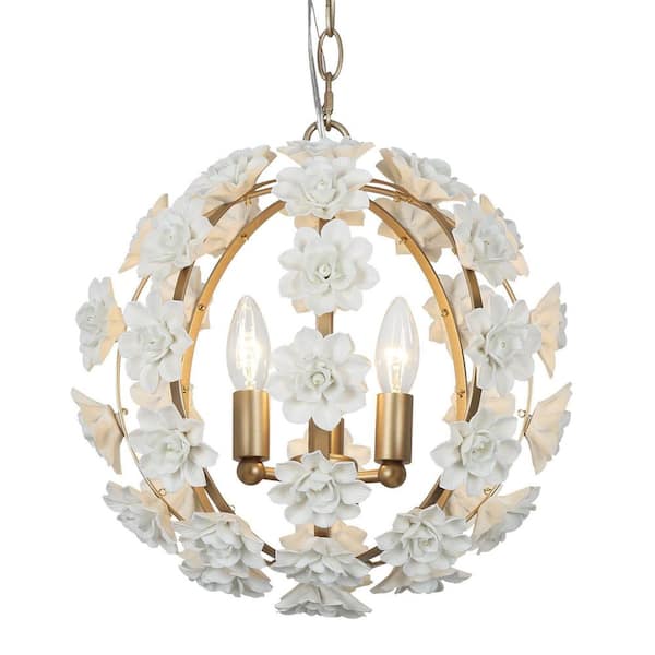 3-Light Gold Globe Chandelier with White Ceramic Flowers