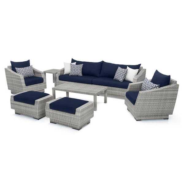 RST BRANDS Cannes 8-Piece All-Weather Wicker Patio Sofa and Club Chair Conversation Set with Sunbrella Navy Blue Cushions