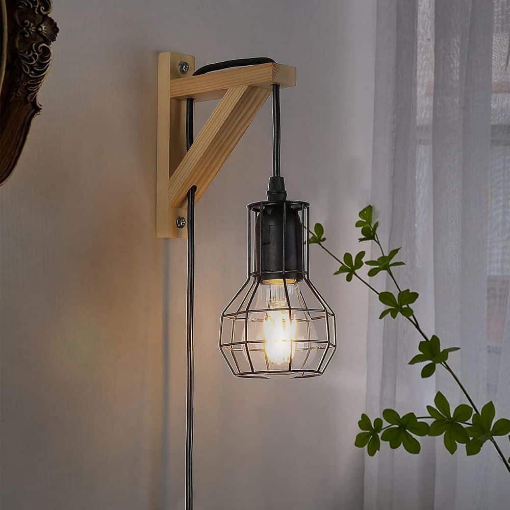 Industrial 3.5 in. Plug in 1 Light Wood Base Wall Lamp with Black Cage Shade, Adjustable Height Wall Sconces, E26 Base price history on PriceWatchPro