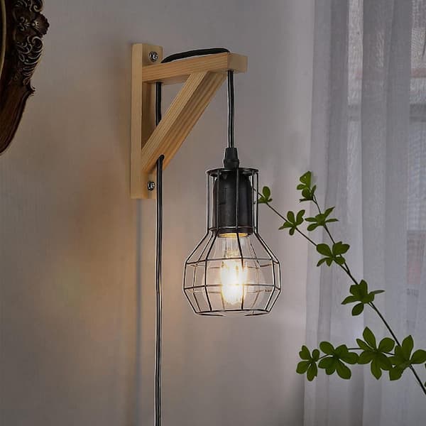 Industrial 3.5 in. Plug in 1 Light Wood Base Wall Lamp with Black Cage Shade, Adjustable Height Wall Sconces, E26 Base