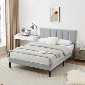 Upholstered Bed Frame Light Gray Metal Frame Full Platform Bed with Adjustable Headboard No Box Spring Needed