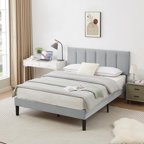 VECELO Upholstered Bed Frame Light Gray Metal Frame Full Platform Bed with Adjustable Headboard No Box Spring Needed