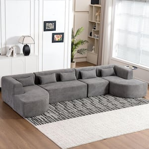 143.7 in. Boucle Fabric Square Arm Straight Sectional Sofa in Gray with 2-Chaise Lounge and 5-Back Pillows