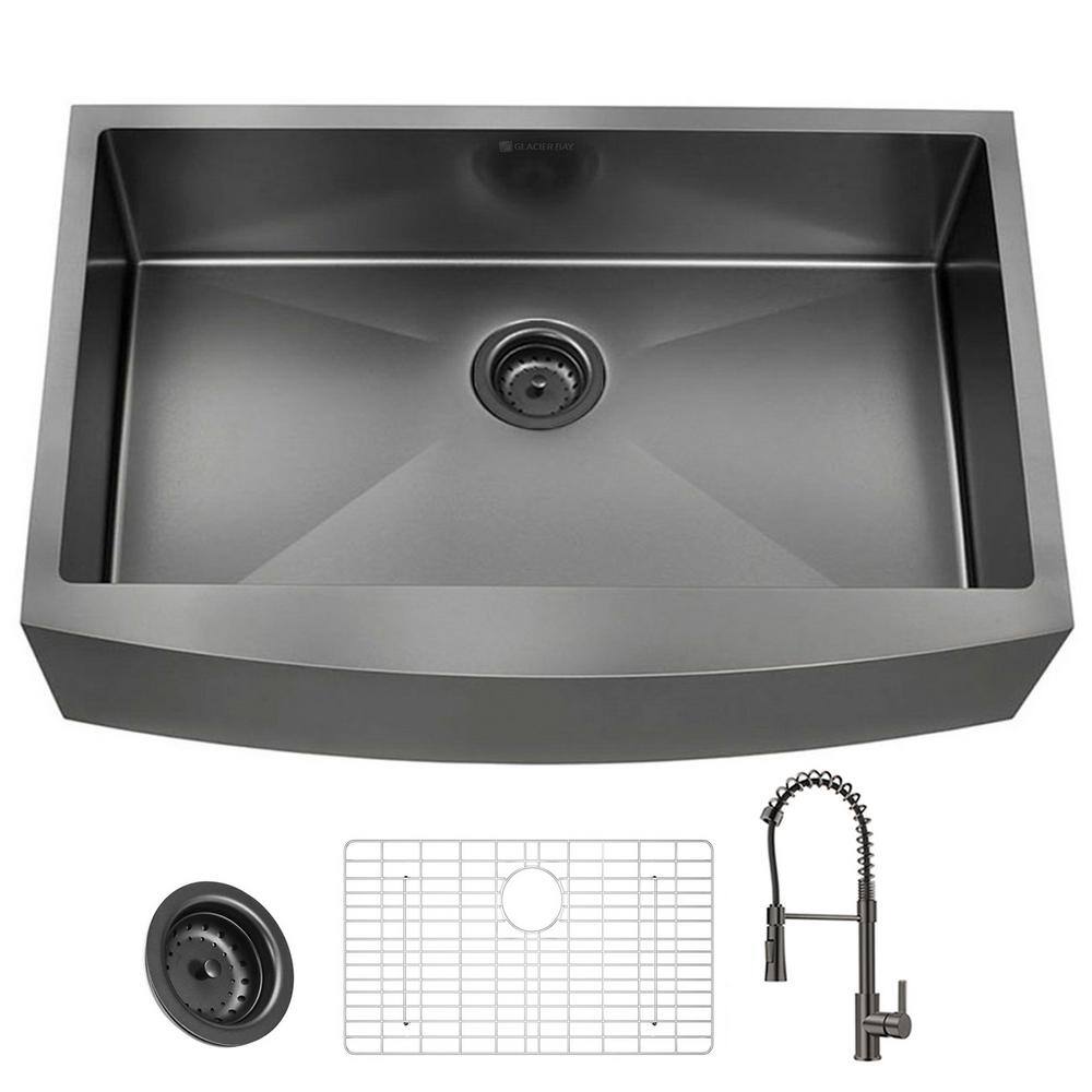 Glacier Bay Gunmetal Black Stainless Steel 36 in. 18-Gauge Single Bowl Farmhouse Kitchen Sink with Black Faucet and Accessories -  ACS3621A1Q-F