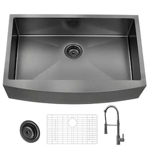 36 in. Farmhouse/Apron-Front Single Bowl 18 Gauge Gunmetal Black Stainless Steel Kitchen Sink with Spring Neck Faucet