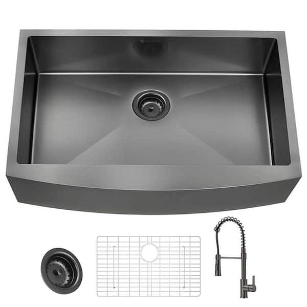 Glacier Bay 36 in. Farmhouse/Apron-Front Single Bowl 18 Gauge Gunmetal Black Stainless Steel Kitchen Sink with Spring Neck Faucet