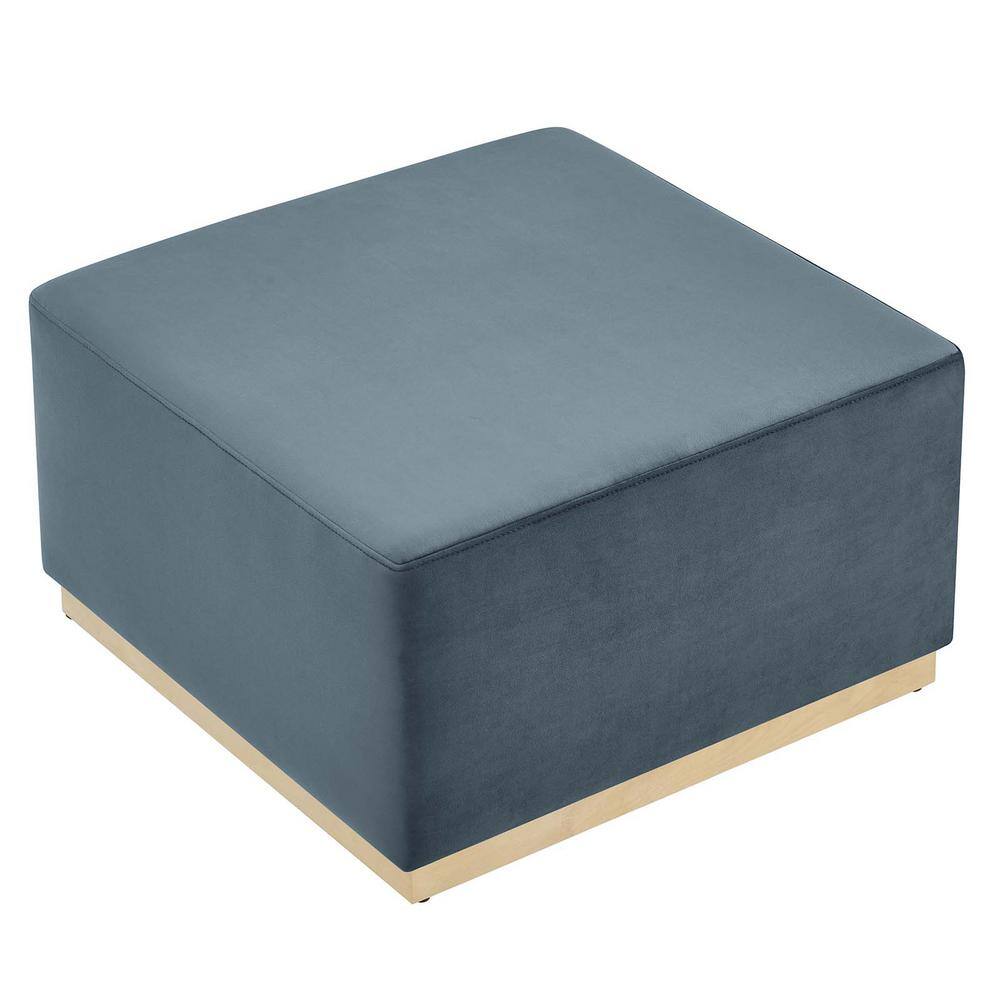 Cadet Blue Velvet Upholstered Square Ottoman with Rubberwood Base
