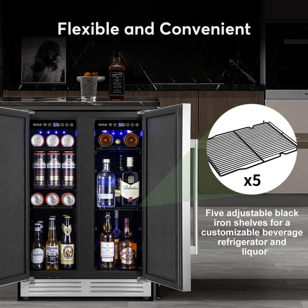 Tittla 24" Silver Beverage Refrigerator with French Doors 150-Can Capacity, Built-in or Freestanding Beer and Drink Cooler
