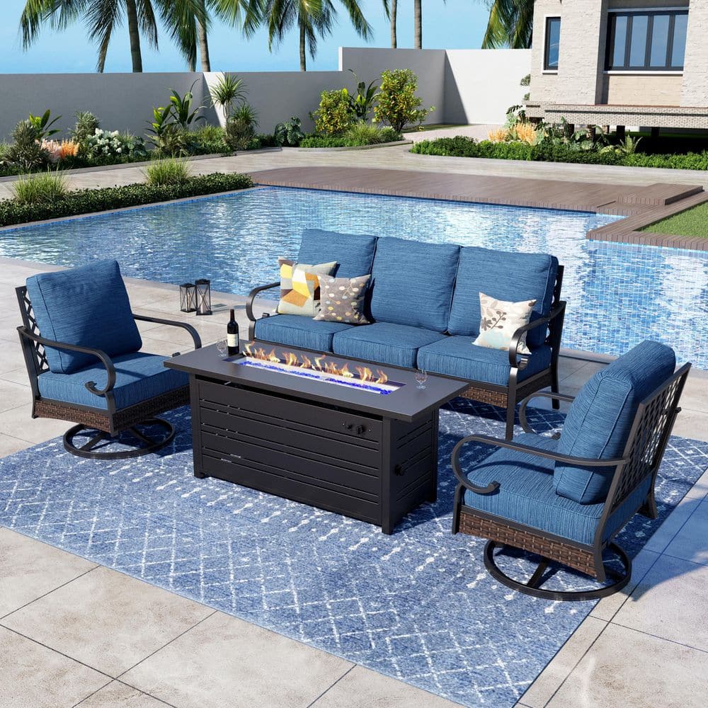 PHI VILLA 4-Piece Black Metal Outdoor Patio Conversation Set with