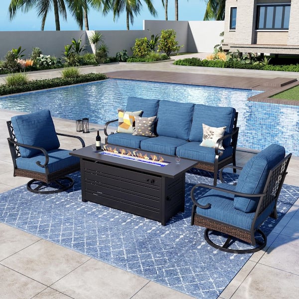PHI VILLA 4-Piece Black Metal Outdoor Patio Conversation Set with Swivel Chair, 50000 BTU Fire Pit Table and Pacific Blue Cushions