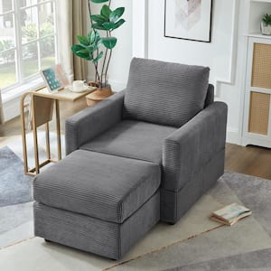 Gray Polyester Classic Corduroy Chaise Lounge with Ottoman for Living Room