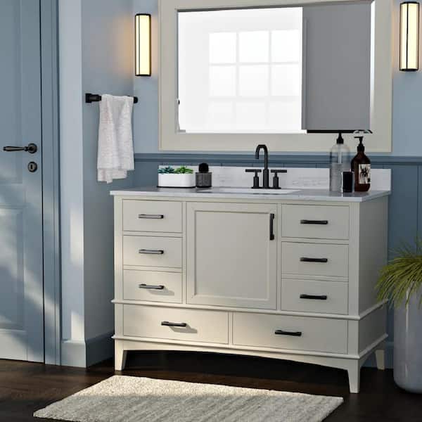 Runfine Emily 48 in. W x 22 in. D x 34 in. H Bath Vanity in White with Carrara Engineered Stone Top with White Basin
