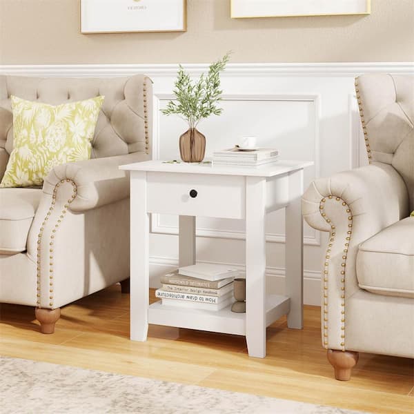 2 PCS White 1 Drawer 19.5 in. W Nightstand with Drawer 3-Tier Modern Bedside Table with Open Shelf Storage