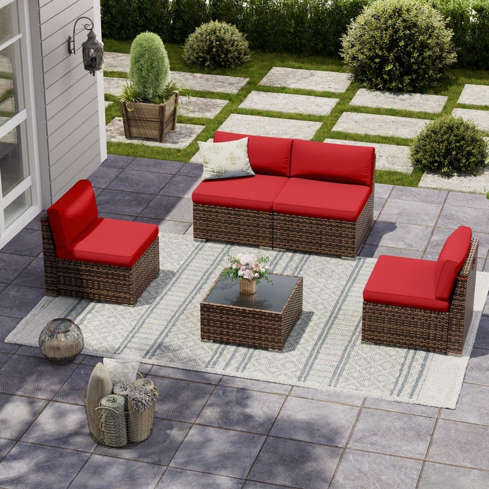 4-Person Brown Wicker Patio Conversation Sets With Red Cushions price history on PriceWatchPro
