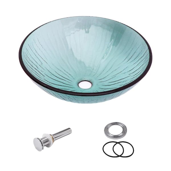 16.54 in. W x 16.54 in. D Above Countertop Round Bathroom Glass Vessel Sink Art Basin with Drainer in Transparent Green