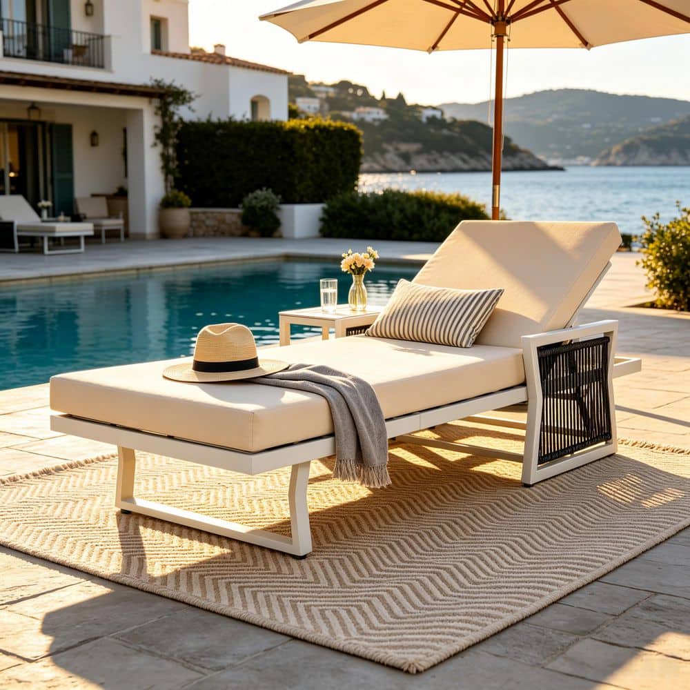 Fred White Metal Outdoor Patio Chaise Lounge with Cream 2-Fold Cushion and Black Rope Armrests price history on PriceWatchPro