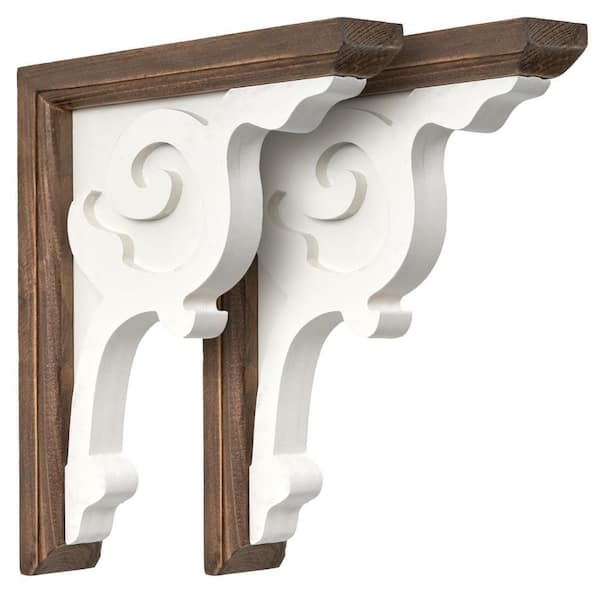 11.5 in. W x 9.5 in. D x 2 in. L White, Brown Wood Corbels Decorative Wall Shelf, Set of 2 Rustic Farmhouse Decor