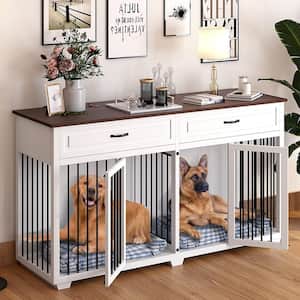 White Wooden Accent Storage Cabinet with 2-Drawer, Dog Crates Cage Furniture for Large Dog