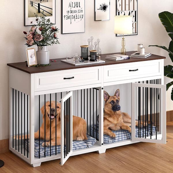 White Wooden Accent Storage Cabinet with 2-Drawer, Dog Crates Cage Furniture for Large Dog