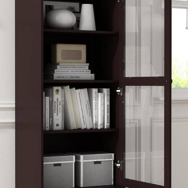 Storage Cabinet With 4 Shelves 2 Glass Doors Bookcase Black Cupboard Bookshelf 