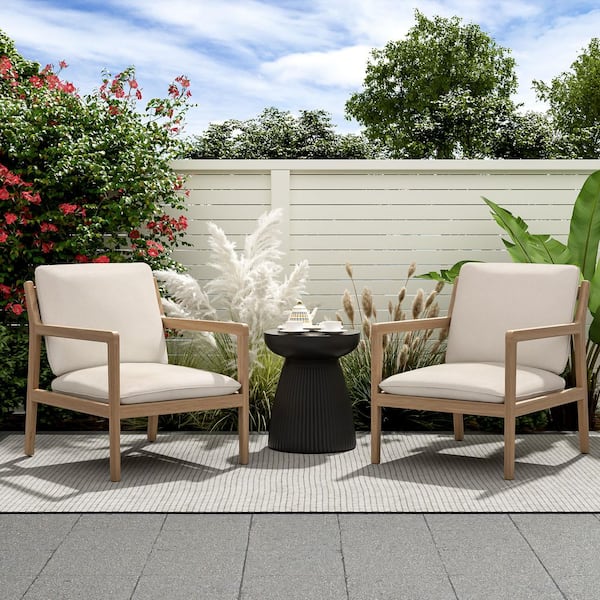 CHRISTOPHER KNIGHT HOME Lily Light Teak Solid Wood Outdoor Patio Lounge Chairs with Beige Cushions, Set of 2