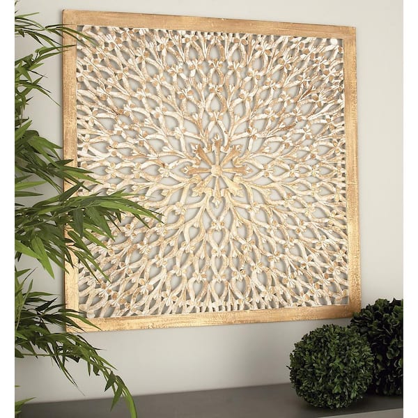 Litton Lane 36 in. x 36 in. Wood Light Brown Handmade Intricately Carved Floral Wall Decor with Mandala Design