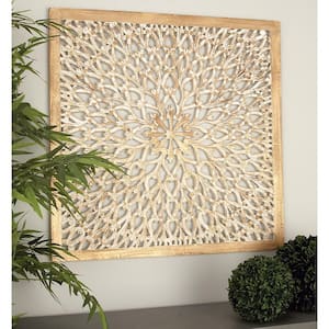 36 in. x  36 in. Wood Light Brown Handmade Intricately Carved Floral Wall Decor with Mandala Design