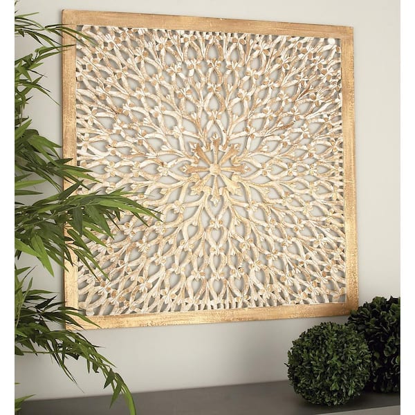 PRIVATE BRAND UNBRANDED 36 in. x  36 in. Wood Light Brown Handmade Intricately Carved Floral Wall Decor with Mandala Design
