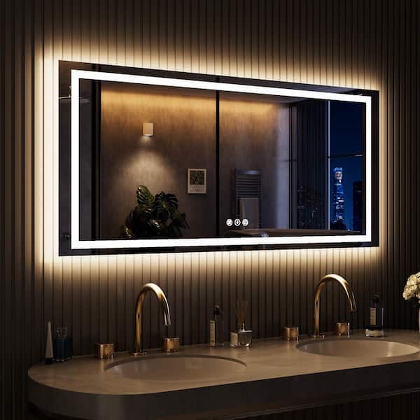 Super Bright 60 in. W x 36 in. H Rectangular Frameless Anti-Fog LED Light Wall Bathroom Vanity Mirror Front and Backlit