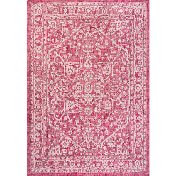 Malta Bohemian Medallion Textured Weave Fuchsia/Light Gray 5 ft. x 8 ft. Indoor/Outdoor Area Rug