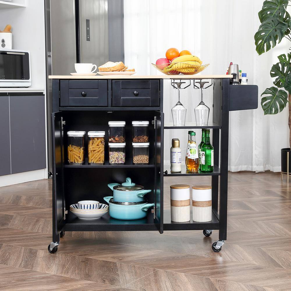 Black Kitchen Island on Wheels with Drawers and Two Doors BF1663C412 ...