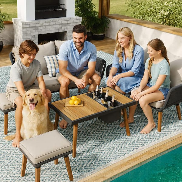 6-Piece Rope Boho Patio Furniture Set Outdoor Conversation Set with Acacia Wood Cool Bar Table with Ice Bucket (Gray)