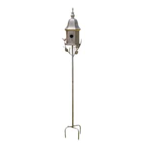64 in. Tall Iron Birdhouse Stake in Antique Silver "Victoria"