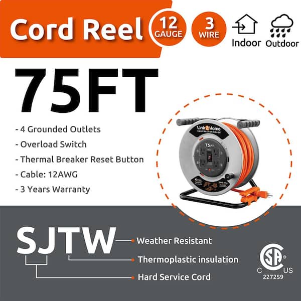 Link2Home 75 ft. 12/3 Extension Cord Storage Reel with 4 Grounded