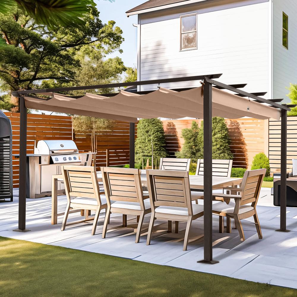 12 ft. x 12 ft. Aluminum Pergola with Brown Retractable Canopy
