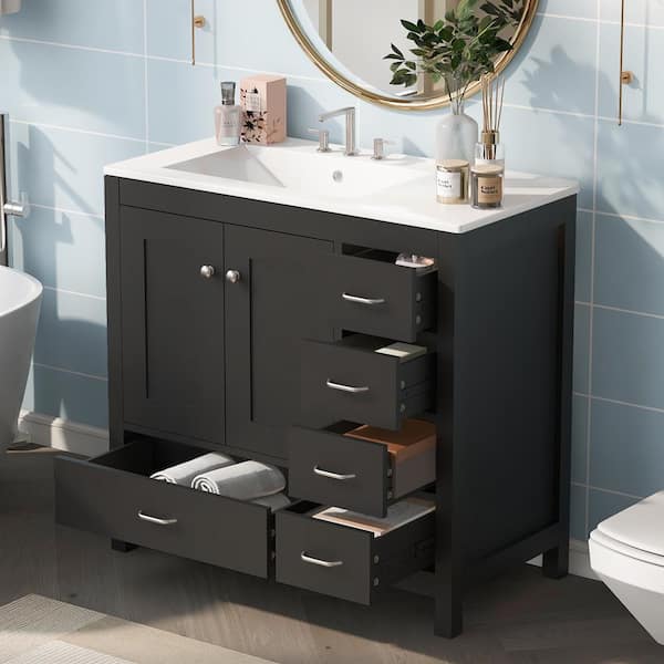 36 in. W Single Sink Freestanding Bath Vanity in Black with White Ceramic Top and 5-Drawers Unassembled