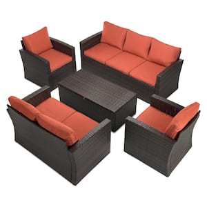5-Piece Wicker Patio Conversation Furniture Set with Orange Cushions