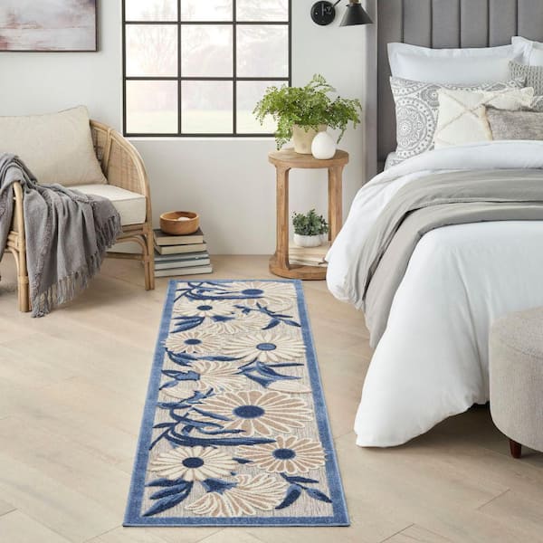Aloha Blue Grey 2 ft. x 6 ft. Botanical Contemporary Indoor/Outdoor Runner Area Rug