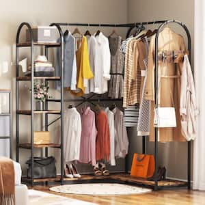 Carmalita Rustic Brown and Black L-Shaped Corner Garment Rack Closet Organizer with Storage Shelves and Coat Rack