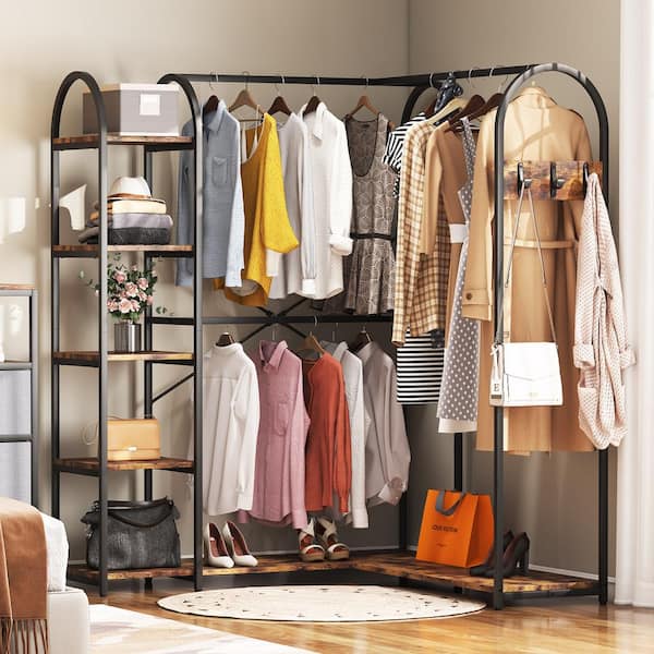 BYBLIGHT Carmalita Rustic Brown and Black L-Shaped Corner Garment Rack Closet Organizer with Storage Shelves and Coat Rack