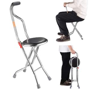 2-in-1 Foldable Crutch Holder, Folding Cane Seat and Mobility Support, Quadripod Legs with Anti-Slide in Stainless Steel